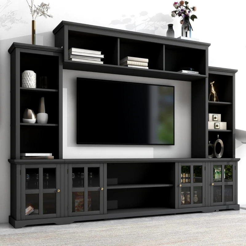Large black entertainment center with cabinets and shelving space.
