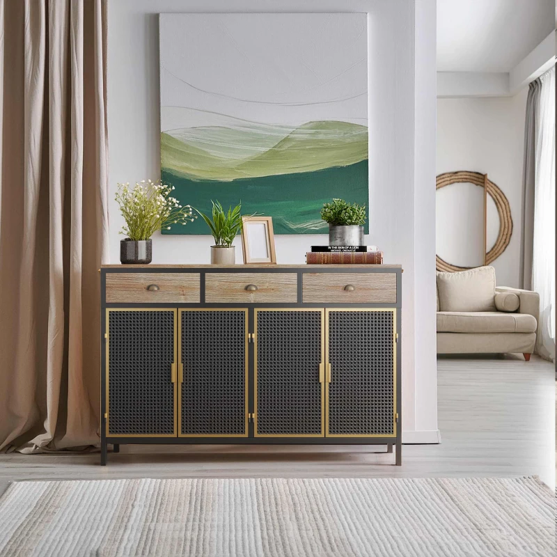 Elegant sideboard beside entryway with framed artwork above.