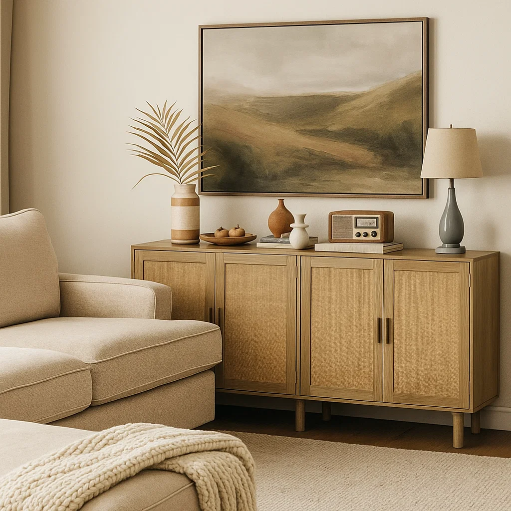 Wooden sideboard with neutral decor beside beige sofa and lamp.