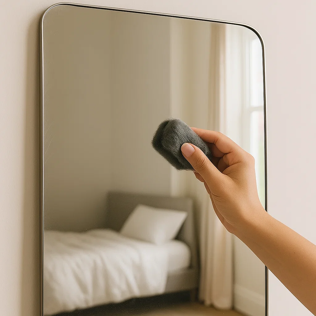 Using fine steel wool gently on a mirror to polish and reduce minor surface scratches.