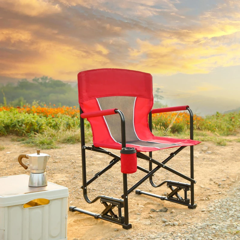 Red outdoor rocker chair with metal frame and cup holder