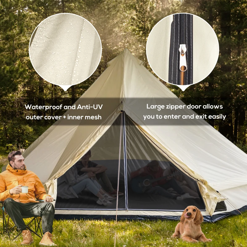 Large yurt tent with waterproof fabric and zippered door
