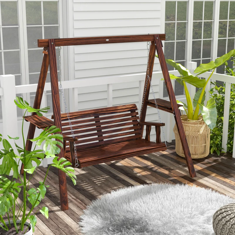 Wooden patio swing with stand and side tables on deck.