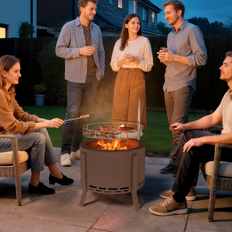 Group grilling meat around round smokeless fire pit at night.