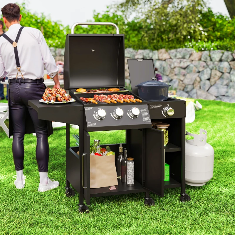 Outdoor propane grill cooking skewers beside man hosting barbecue party.