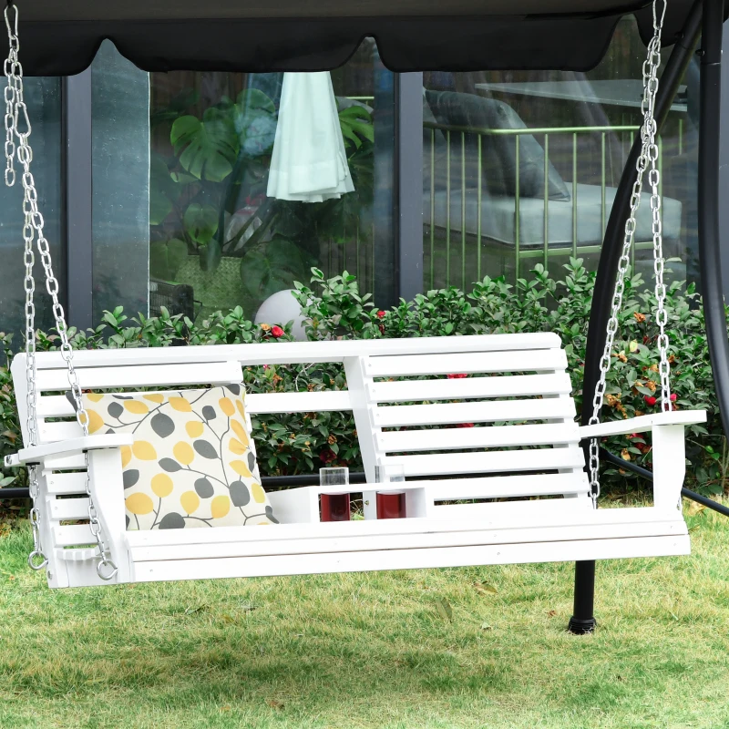 White wooden porch swing with built-in foldable table outdoors.