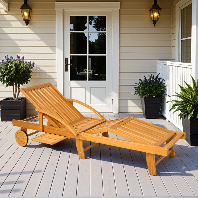 Wooden adjustable outdoor lounger on patio near white door and plants