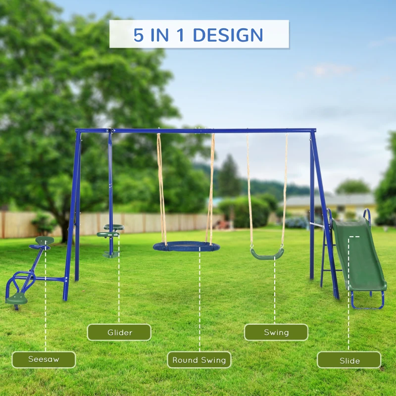Outsunny 5-in-1 swing set with slide, seesaw, glider, round swing, and traditional swing.