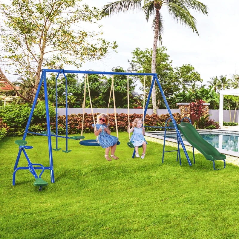 Children playing on blue metal swing and slide set by pool.