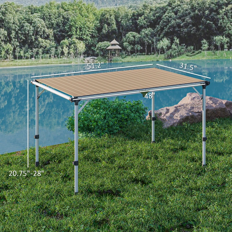 Adjustable camping table set up for outdoor dining.
