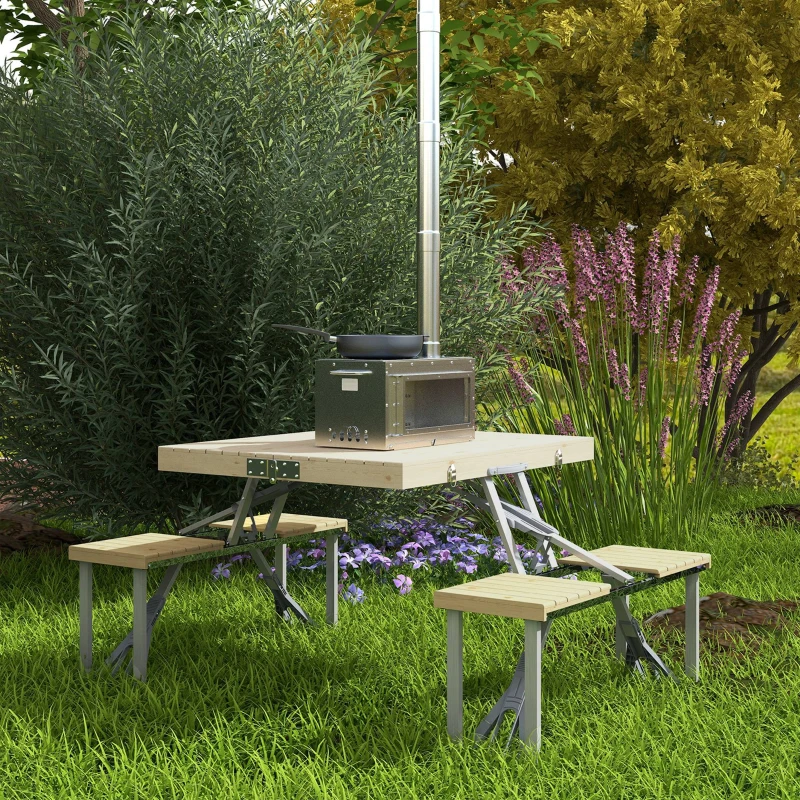 Easy setup with folding picnic table and umbrella hole.