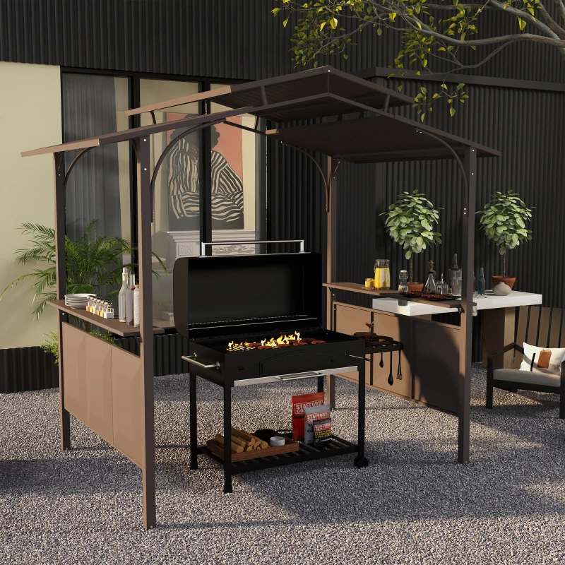 Backyard BBQ setup with grill under brown double-roof gazebo.