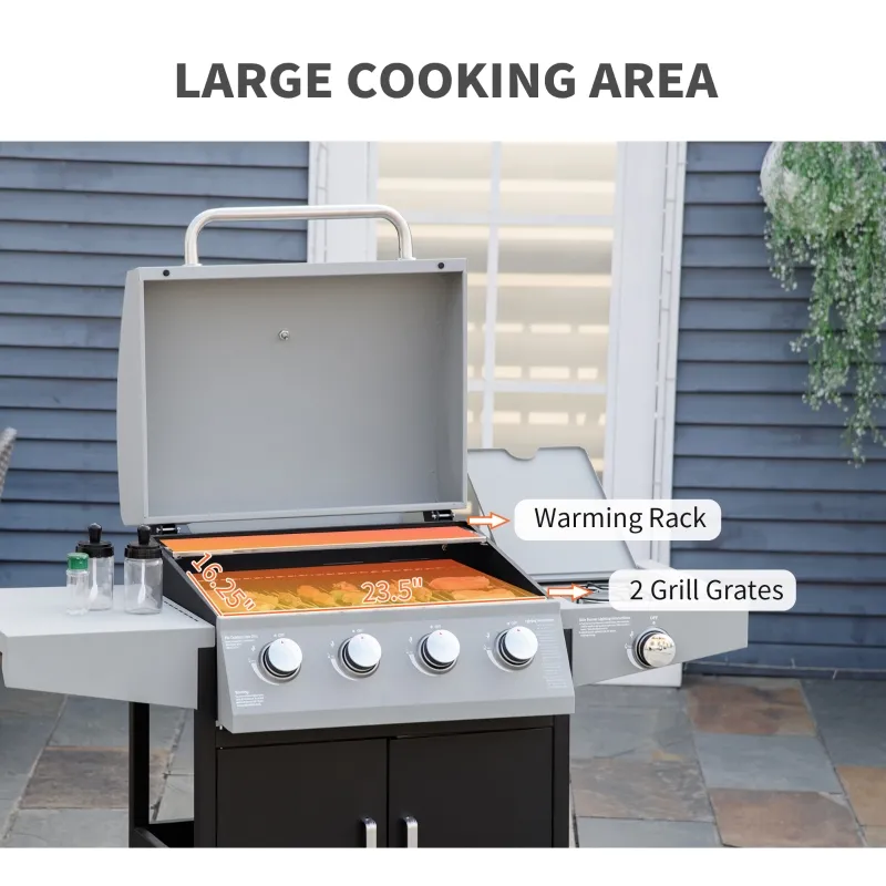Large propane gas grill with four burners and food grilling.