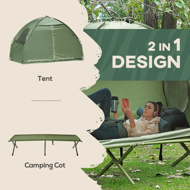 Two-in-one design showing tent and cot setup outdoors