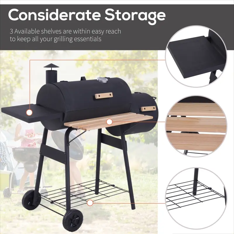 Barrel charcoal grill with side smoker and wooden shelves.