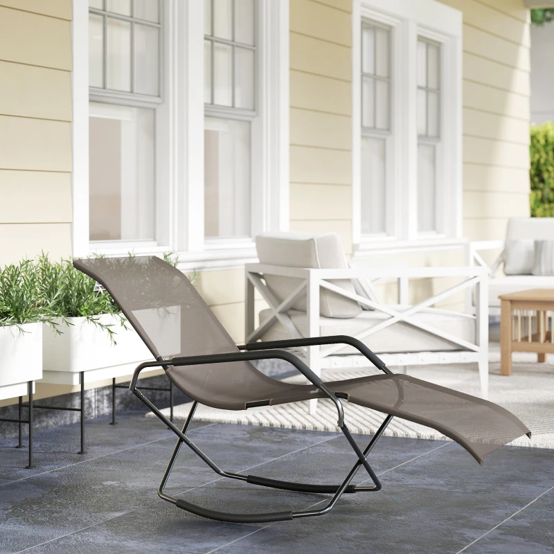 Brown mesh rocking lounger on porch with outdoor seating area