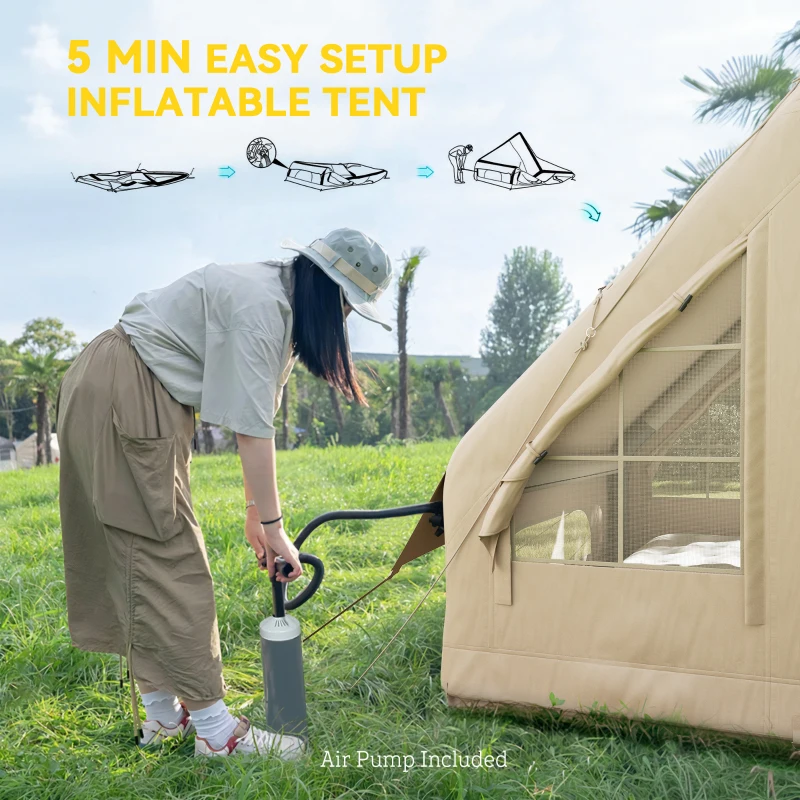 Woman inflating camping tent using hand pump on grass