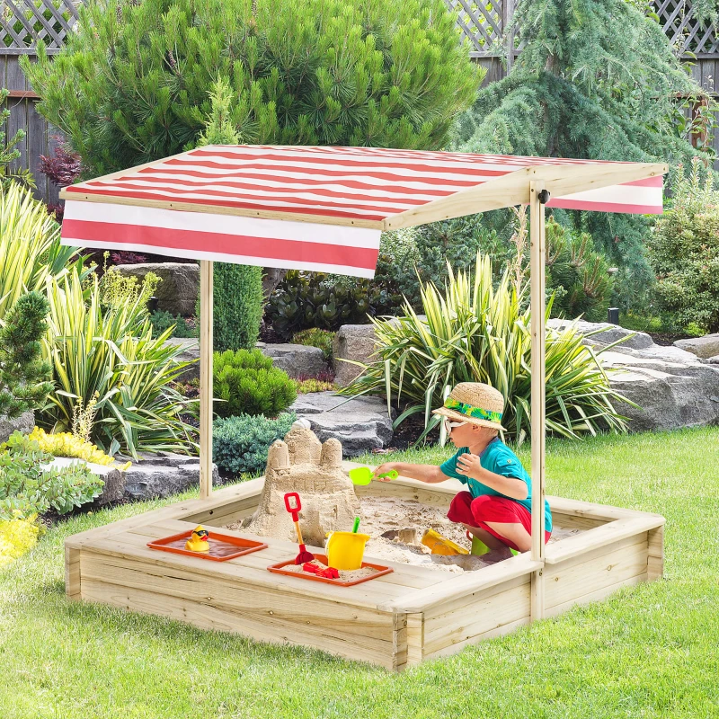 Outsunny wooden sandbox with canopy and storage basins for outdoor play and toy organization.