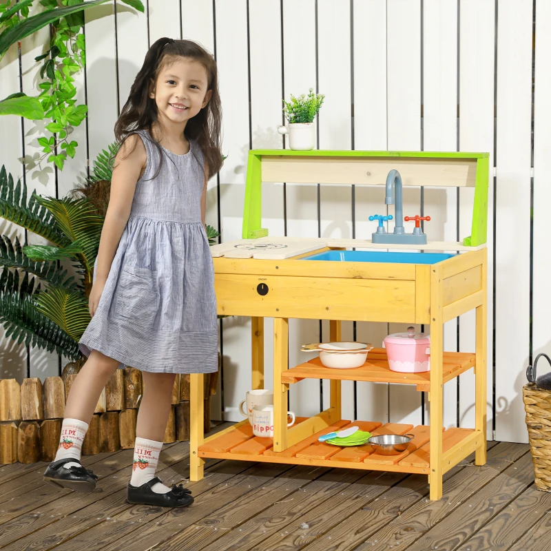 Outsunny mud kitchen playset with cooktop, sink, knobs, and shelves for imaginative play.