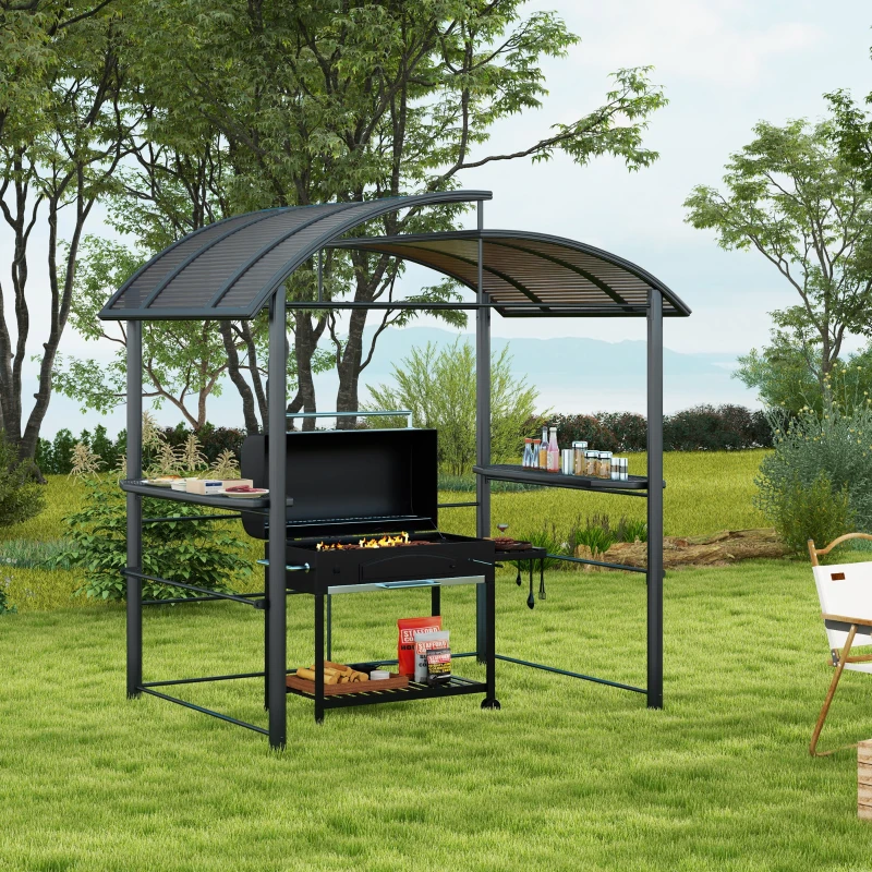 Large backyard grill setup under curved roof metal gazebo.