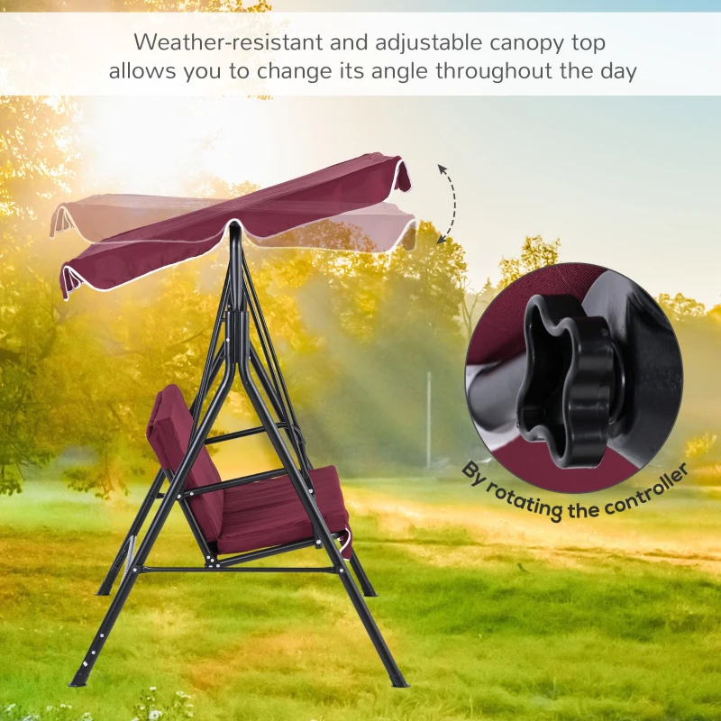 Burgundy patio swing with adjustable canopy shown in sunlight.