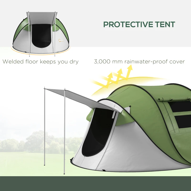 Protective green pop-up tent with awning and welded floor