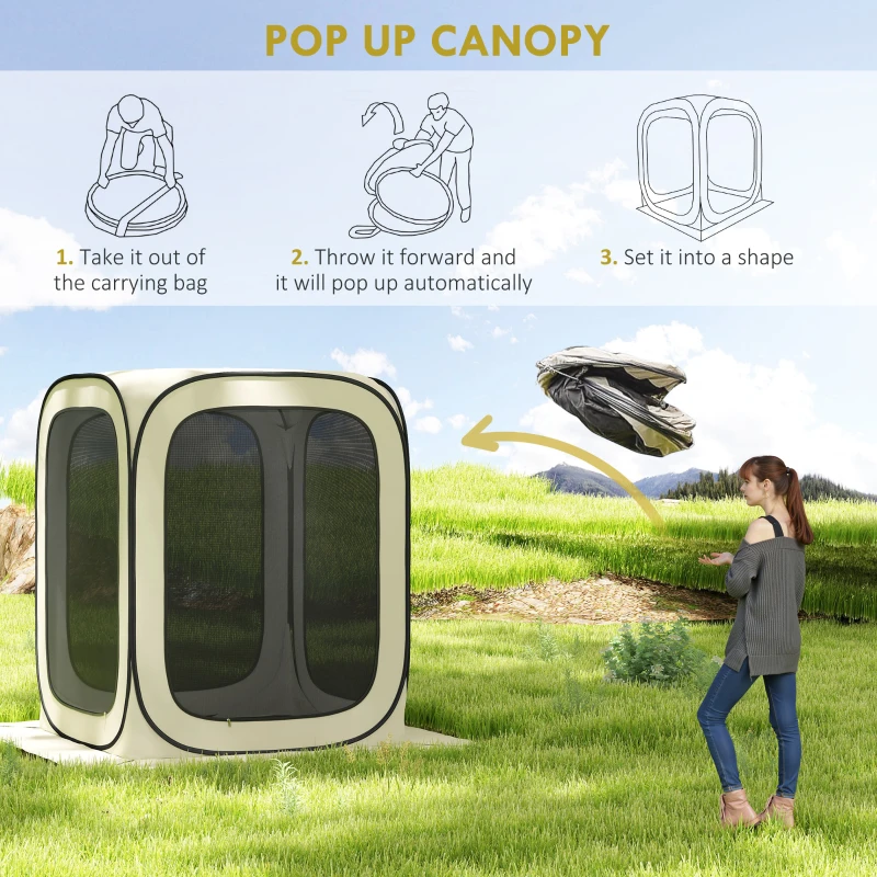 Woman assembling pop-up screen tent canopy in open field