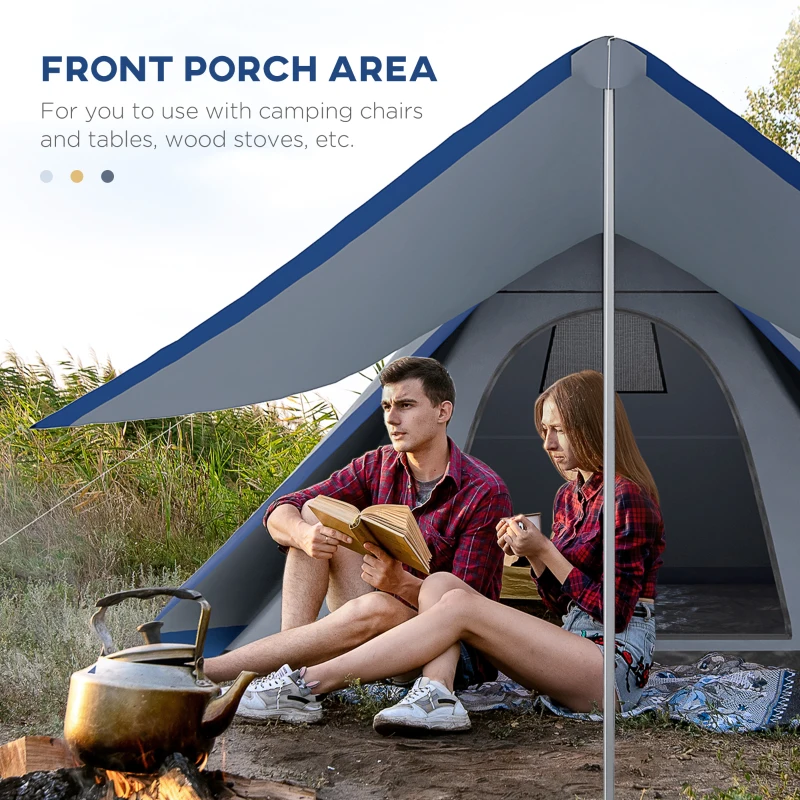 Couple sitting under teepee tent porch beside campfire outdoors