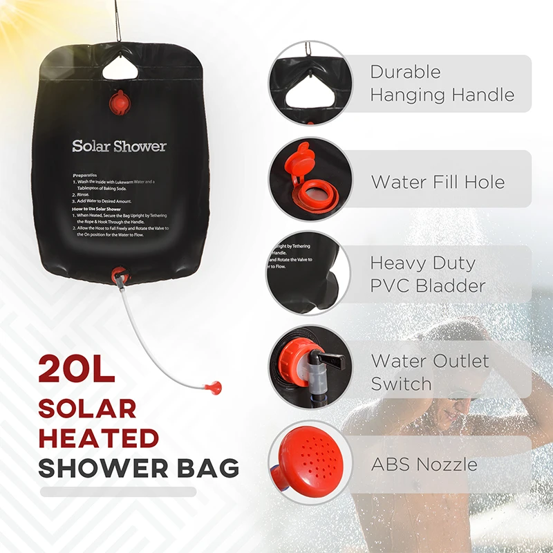 Solar shower bag showing fill hole, outlet switch, and nozzle