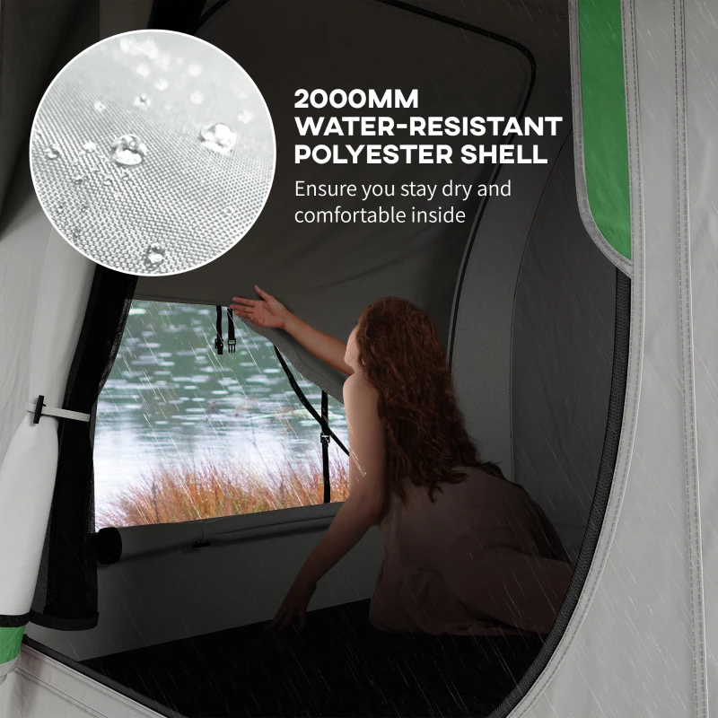 Woman inside waterproof tent looking out during rainy weather