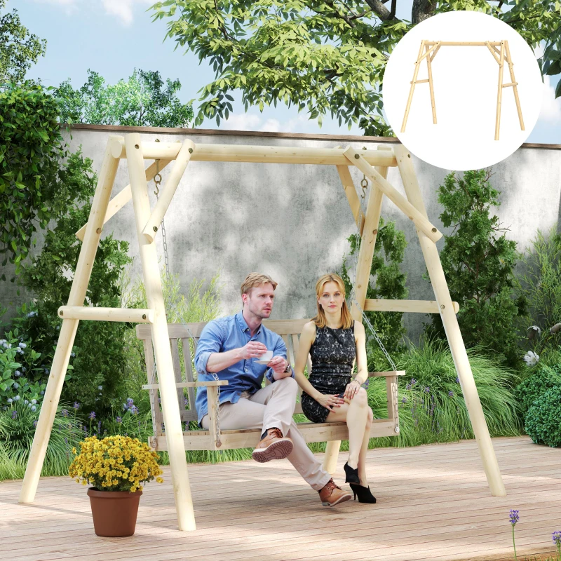 Couple sitting on light wood A-frame swing in garden.
