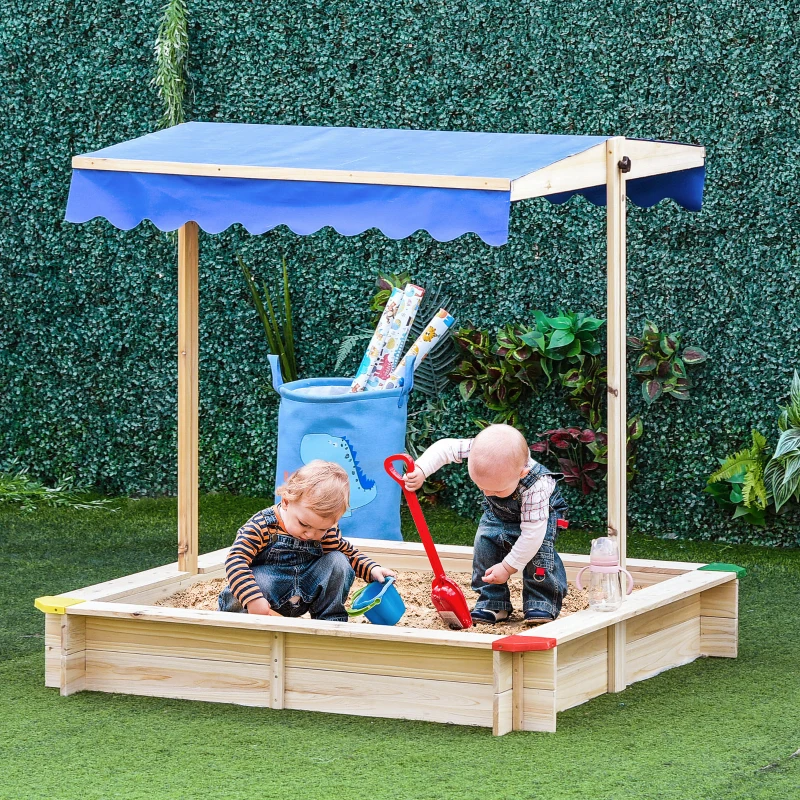 Outsunny wooden sandbox with adjustable canopy providing shaded outdoor play space for kids.