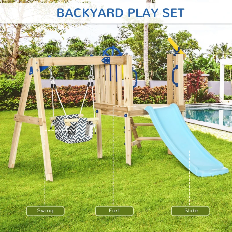 Outsunny wooden swing set featuring slide, toddler swing, and compact fort for backyard play.