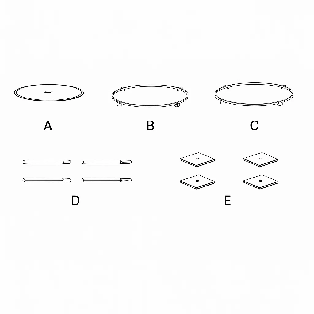 Overview diagram showing glass top, frames, legs, and caps