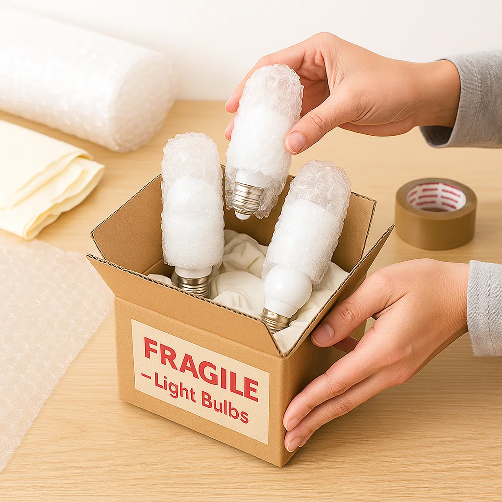 Bubble-wrapped light bulbs packed in a box.