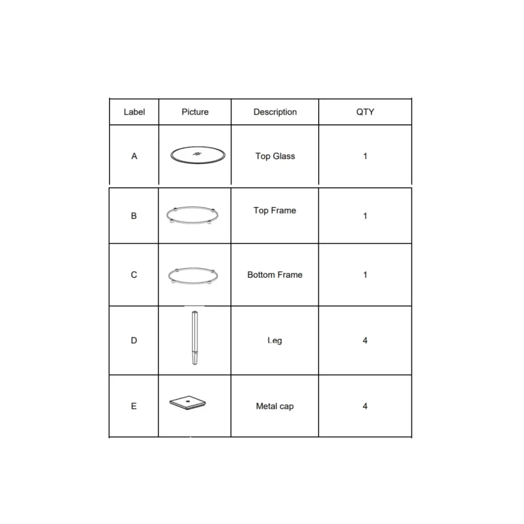 Parts list showing top glass, frames, legs, and caps