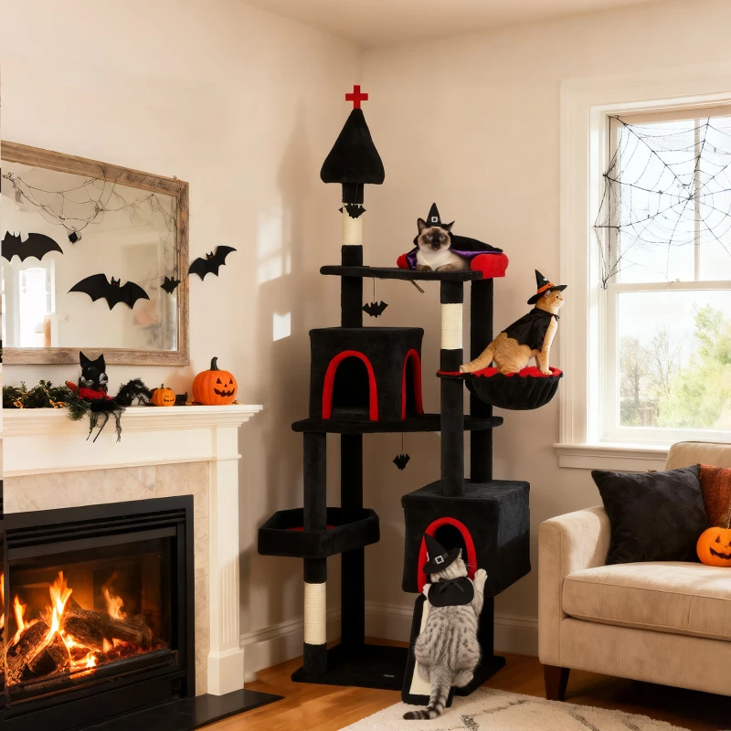 Halloween-themed black and red cat tree with cats in costumes.
