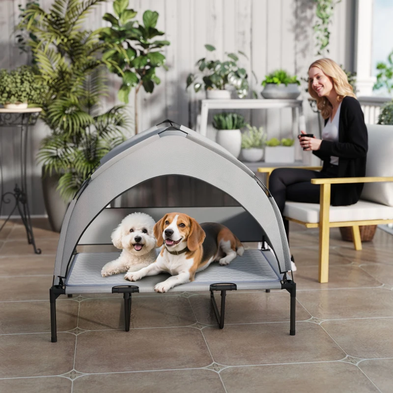 Two dogs resting on elevated dog bed with gray canopy
