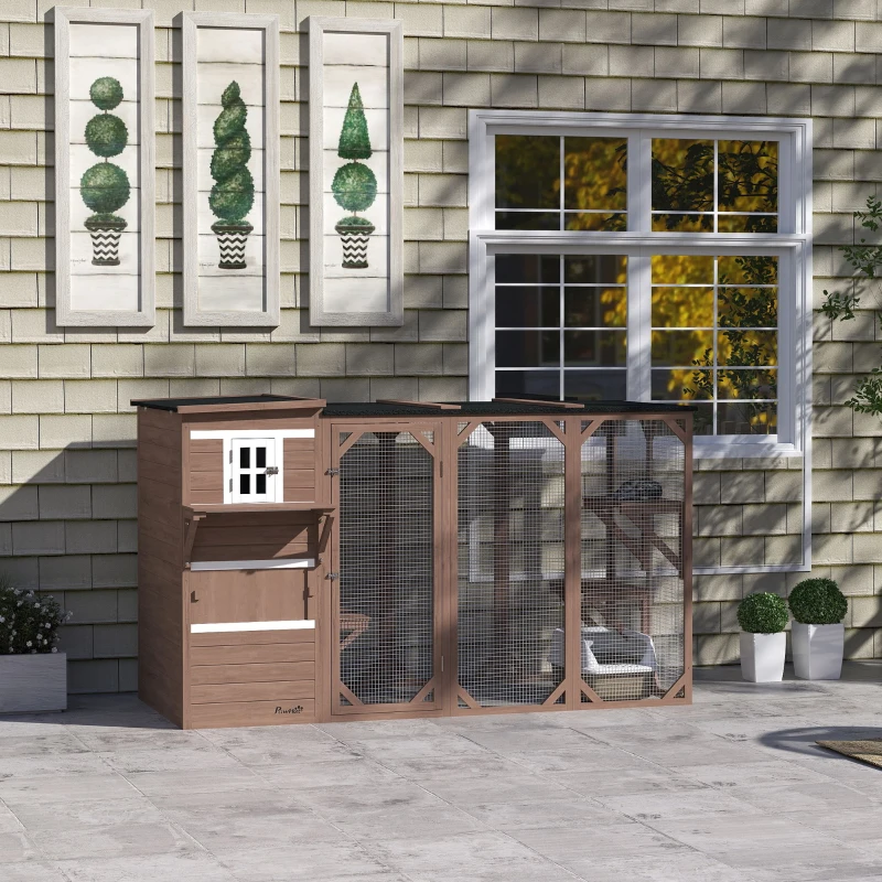 Spacious outdoor wooden cat enclosure with mesh panels beside house window.