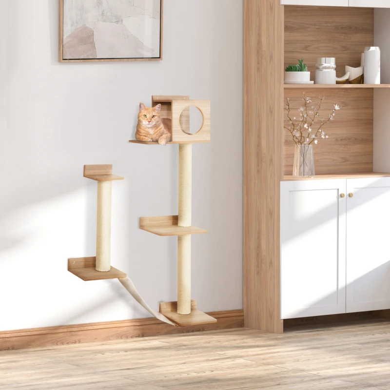 Wall-mounted wooden cat tree with platforms and cozy cat box.