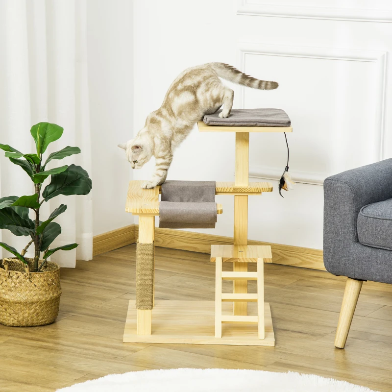 Small wooden cat tower with scratching post and cat playing.