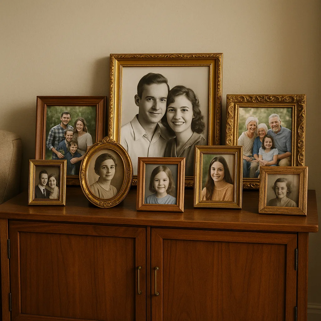 Wooden cabinet displaying framed family portraits in gold frames.
