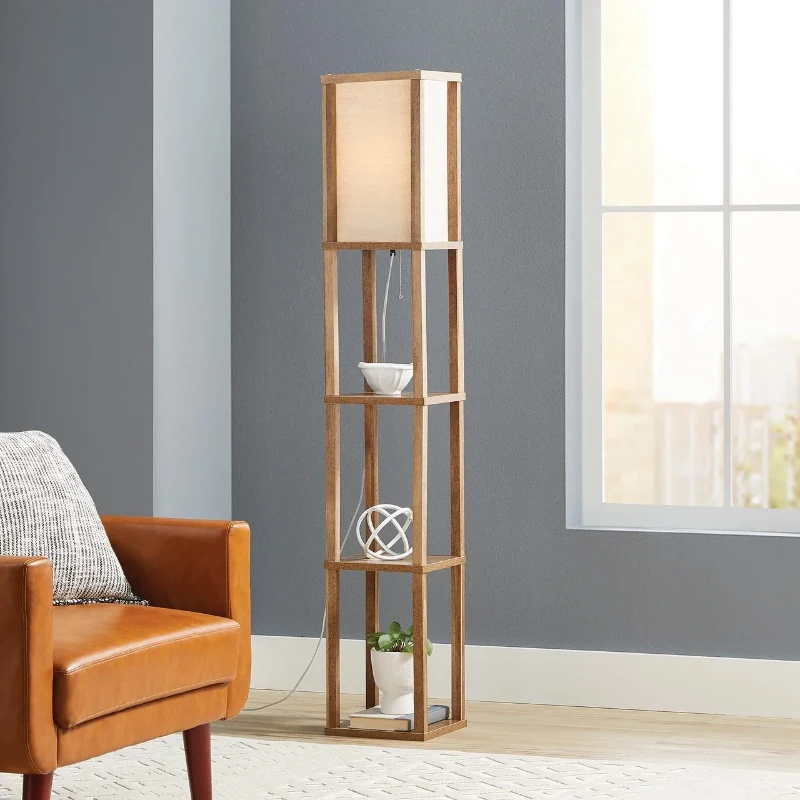 Wooden shelf floor lamp with square fabric shade and storage