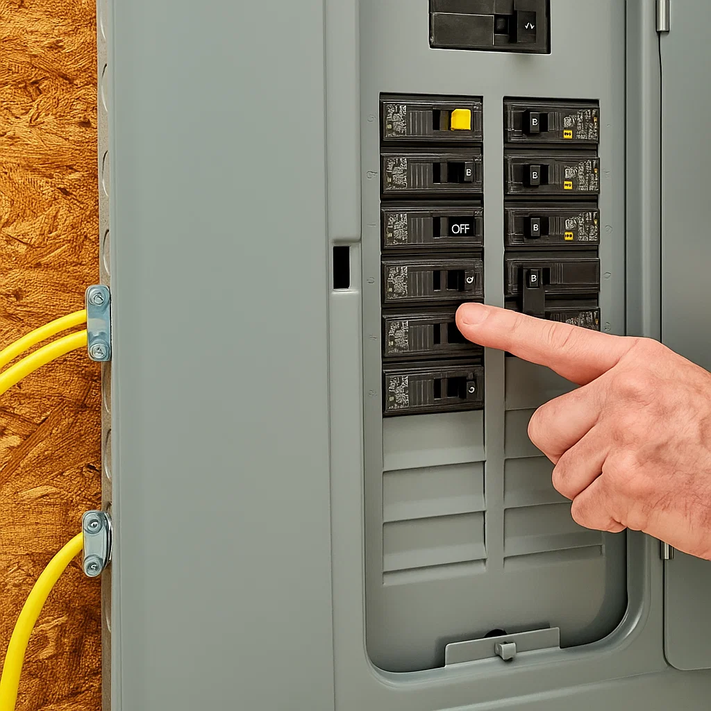 Hand switching off circuit breaker to safely cut power before fixing a ceiling fan.
