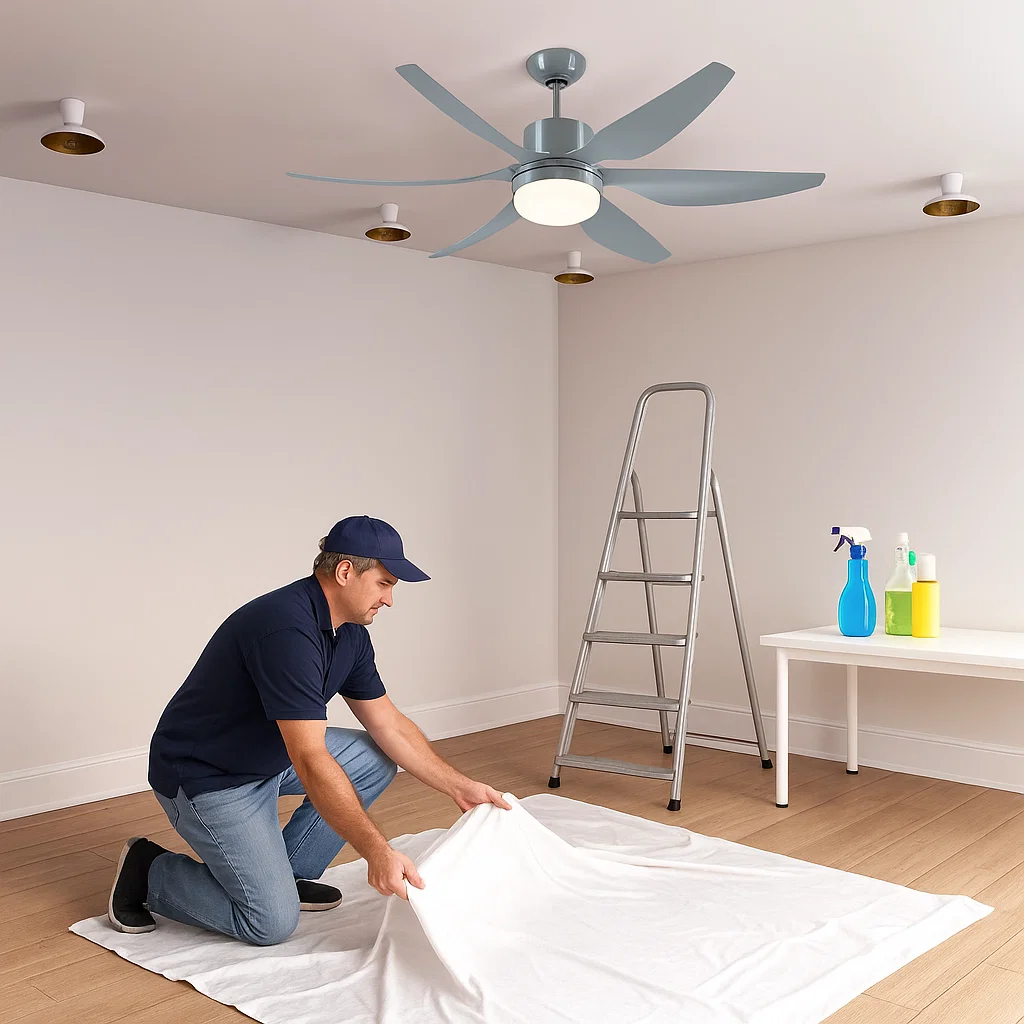 Man placing drop cloth under ceiling fan with ladder and cleaning supplies nearby