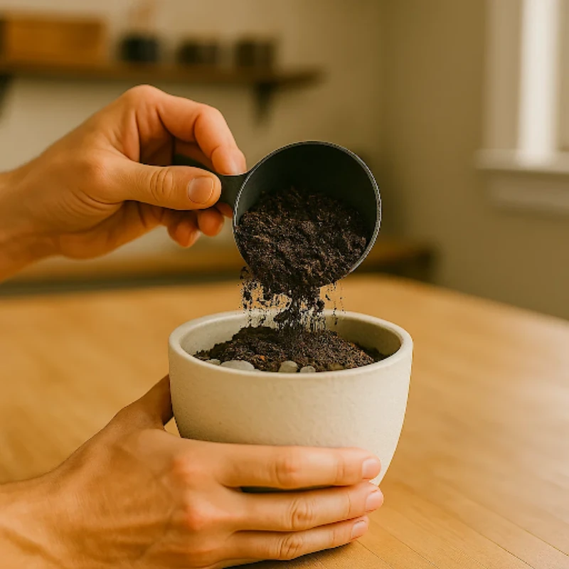 Pouring soil into small ceramic pot to secure base stick.