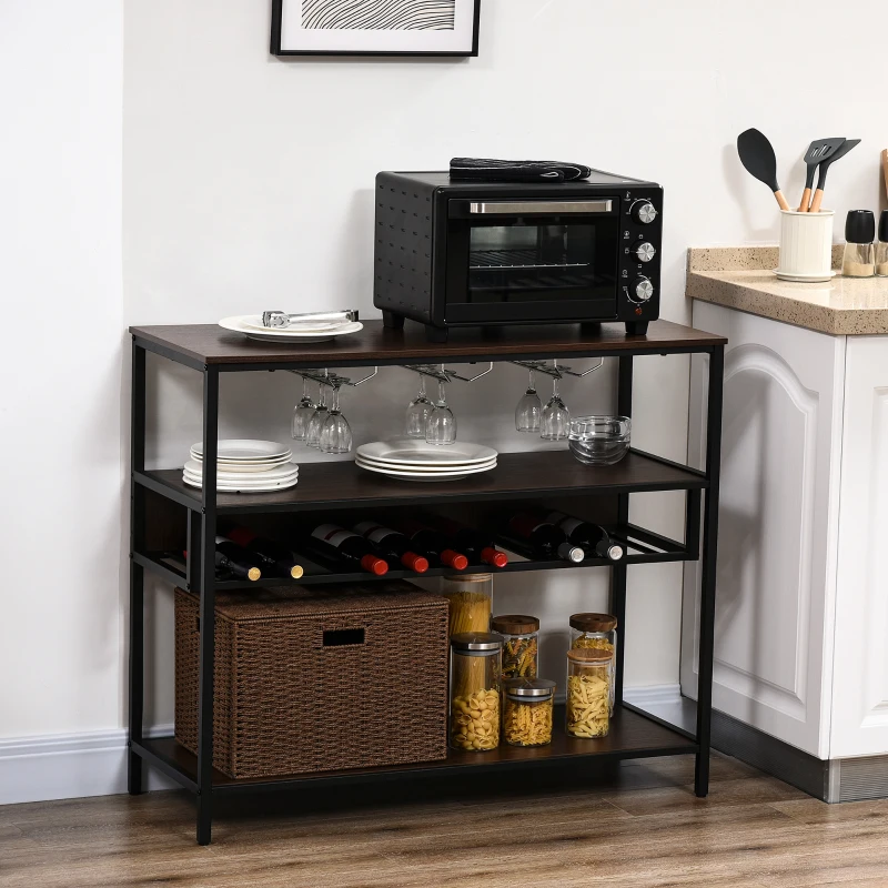 Kitchen shelving unit with wine bottles, glasses, oven, and storage baskets for organized display