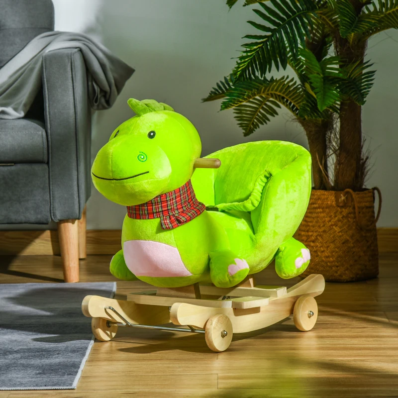 Plush green dinosaur rocker toy with wooden base
