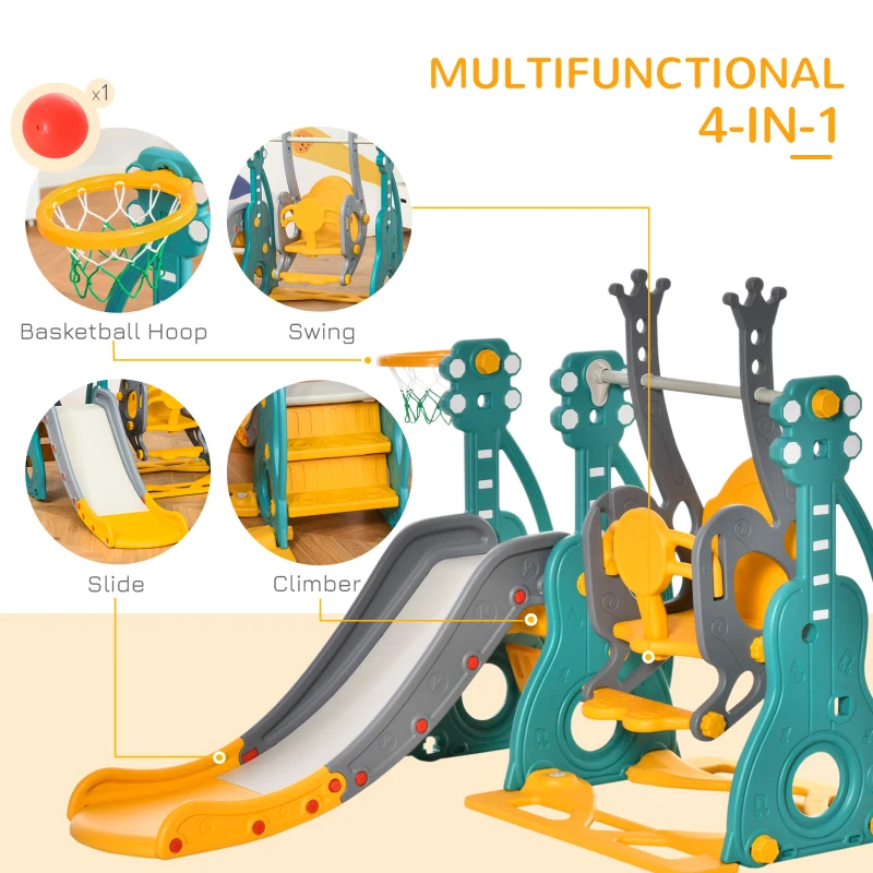 Qaba 4-in-1 toddler playset with slide, swing, climbing ladder, and basketball hoop.