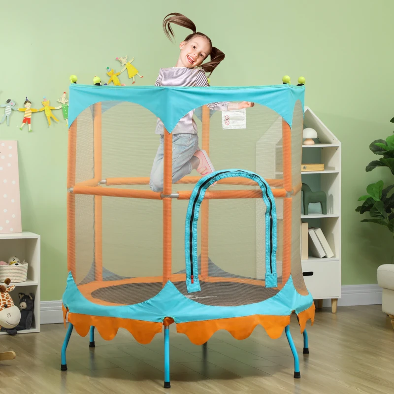 Happy girl bouncing on colorful trampoline in playroom.